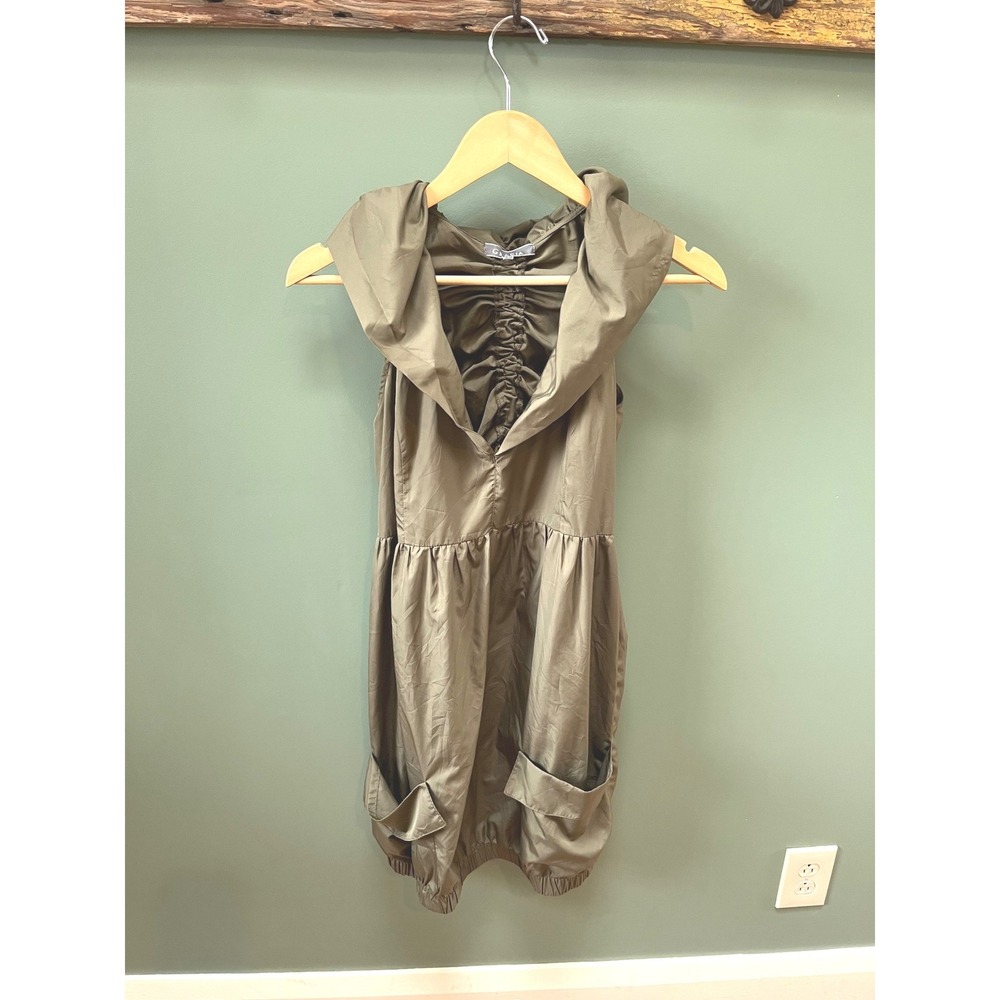 Gracia Womens Olive Green Ruched Back Bubble Hem Romper Collar Large Military